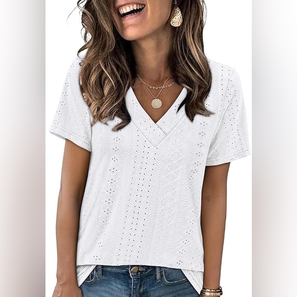 Sampeel Tops - SAMPEEL Women’s Eyelet Crossed V Neck T Shirts Loose Casual Short Sleeve Size M